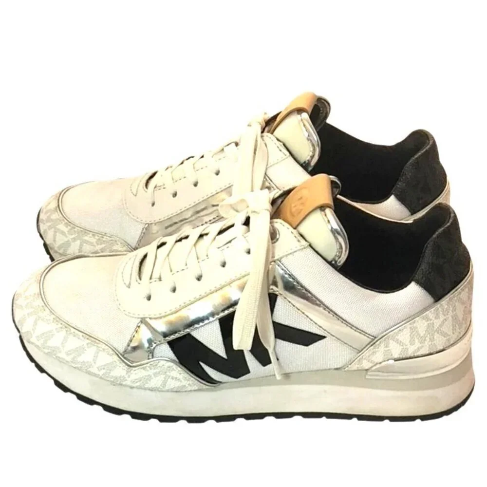 Michael Kors Maddy Two-Tone Gray & Silver Signature Logo & Mesh Trainers Size 6 - Picture 4 of 9